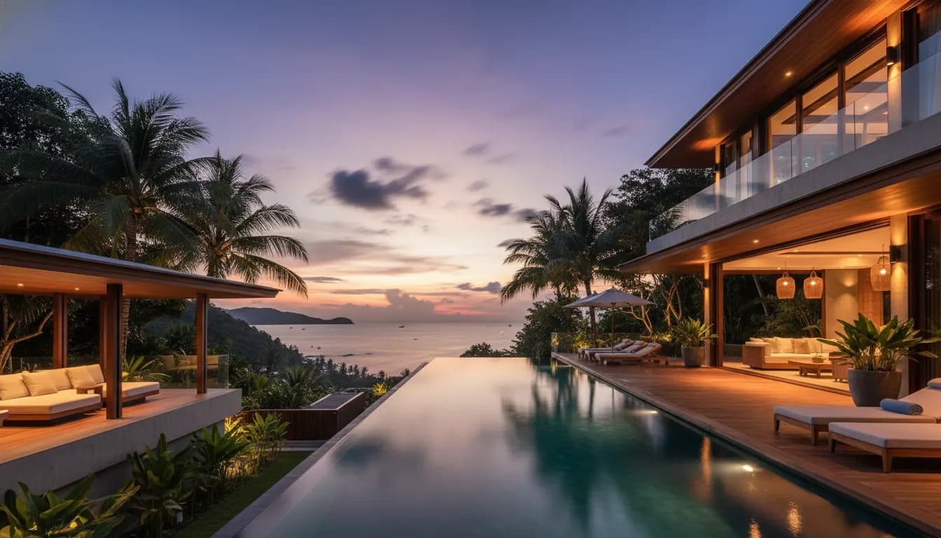 Luxury Phuket villa overlooking an infinity pool at sunset